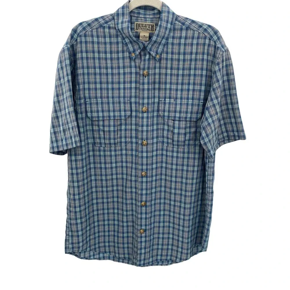 Duluth Trading Co Button Front Camp Shirt Mens Medium Blue Plaid Polyester Nylon